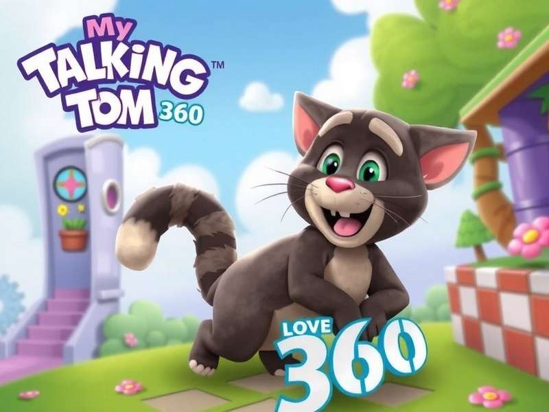 My Talking Tom showcasing various outfits and room decorations in a 360-degree view