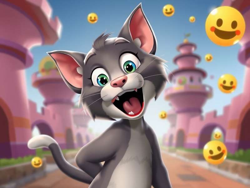 My Talking Tom character interacting with virtual items on a smartphone screen