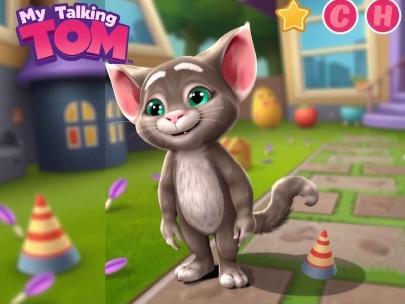 My Talking Tom being fed and played with on a mobile device