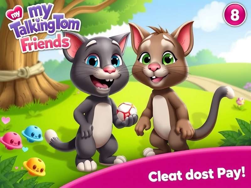 Smartphone showing My Talking Tom Friends game with colorful interface