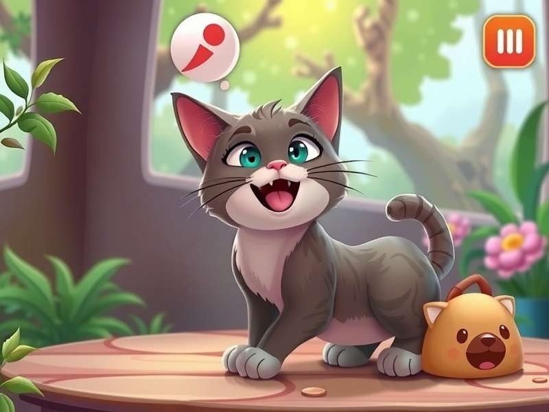 Close-up of a playful grey cat resembling Talking Tom