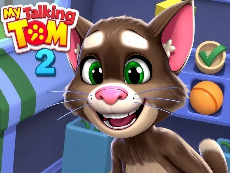 My Talking Tom 2 gameplay screenshot showing Tom in a virtual room