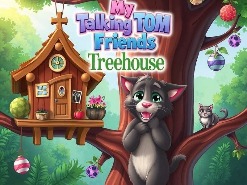 My Talking Tom Friends Treehouse gameplay overview showing Tom, Angela, Hank and friends in their colorful treehouse world