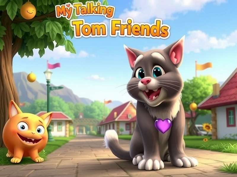 My Talking Tom Friends Gameplay screenshot showing Tom and friends in a colorful virtual world