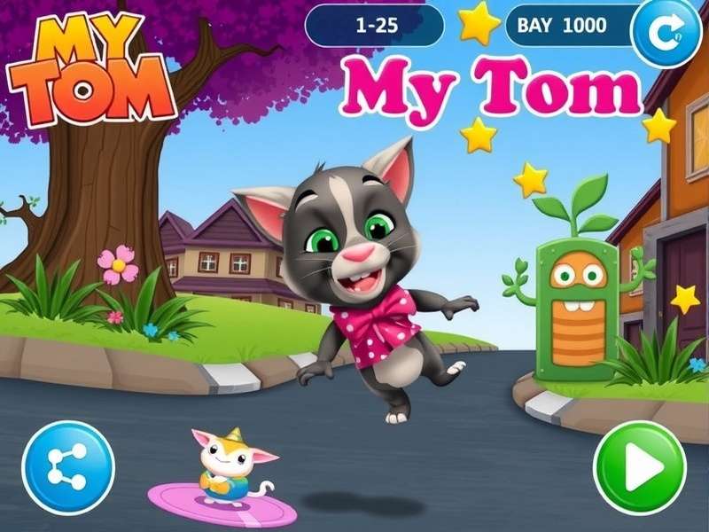 My Talking Tom gameplay scene showing Tom the cat in his colorful living room with mini-games and rewards