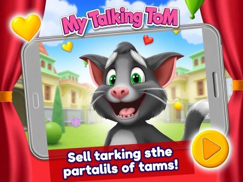 My Talking Tom game character on a smartphone screen showing the Google Play store interface with colorful background