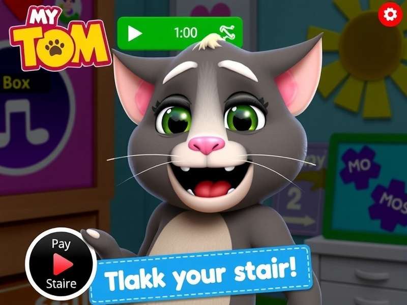 My Talking Tom game banner on Google Play showing Tom the cat with play buttons and Indian festive background