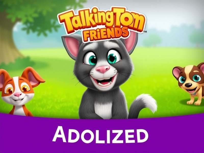 My Talking Tom Friends banner showing Tom, Angela, Ben, Ginger, Hank and other characters having fun together